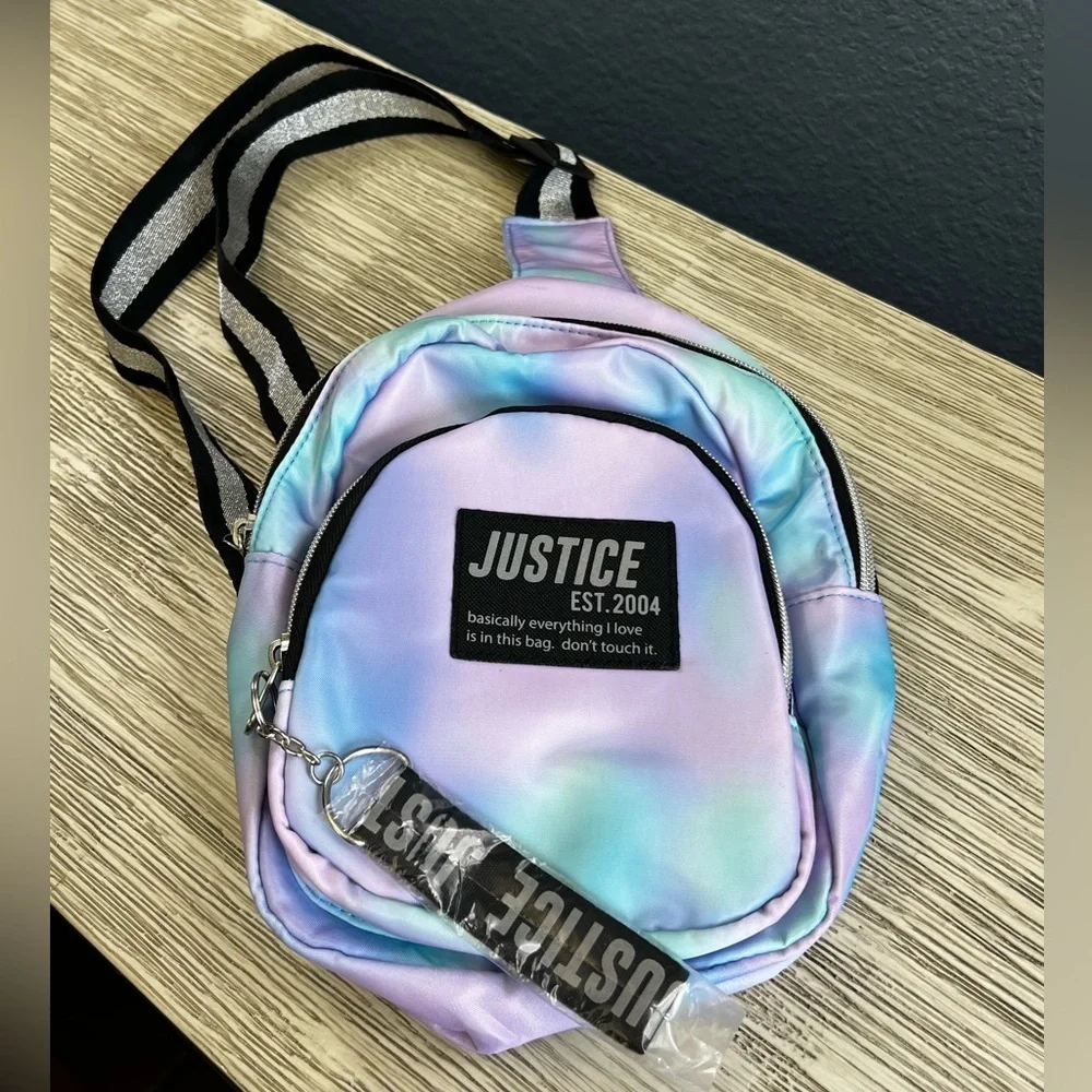 🆕 Justice Tie Dye Mini Sling Backpack with Black Accents